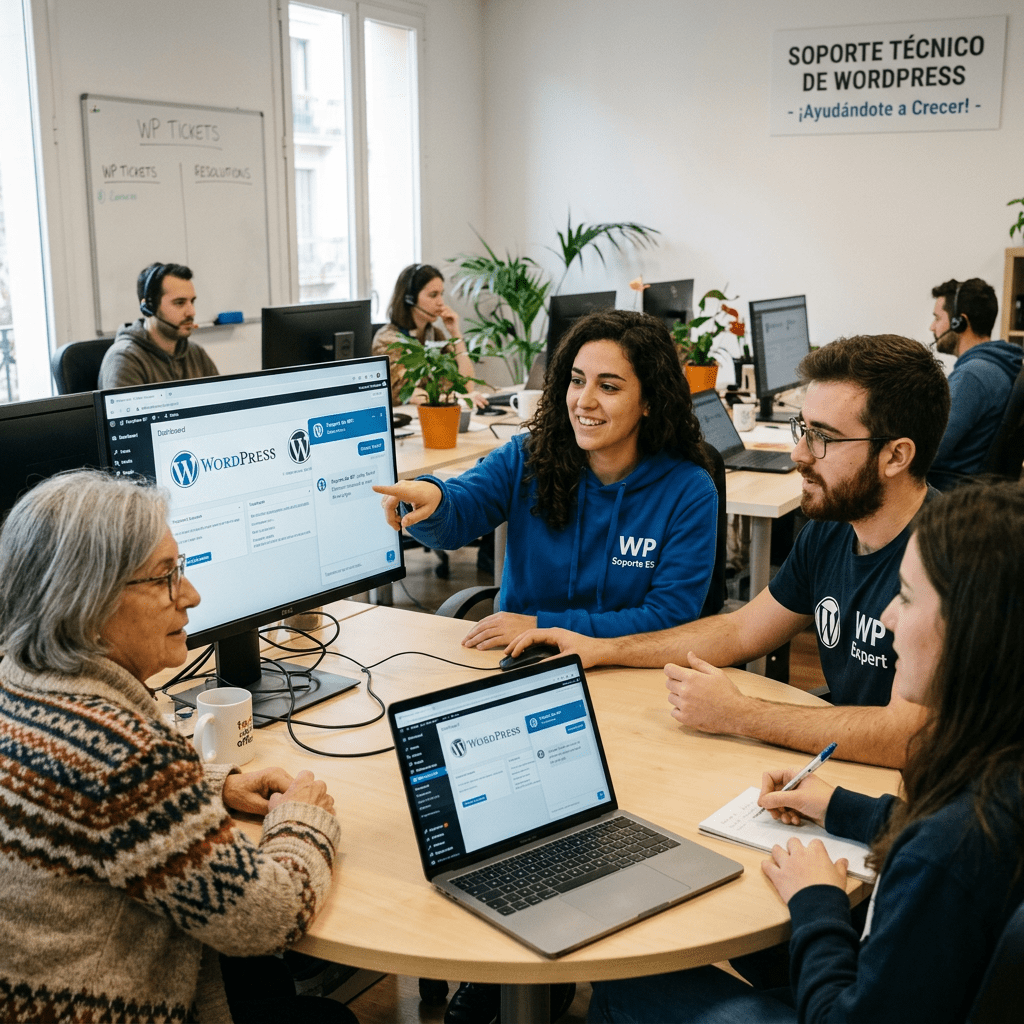 Team helping customer with WordPress dashboard on computer screens
